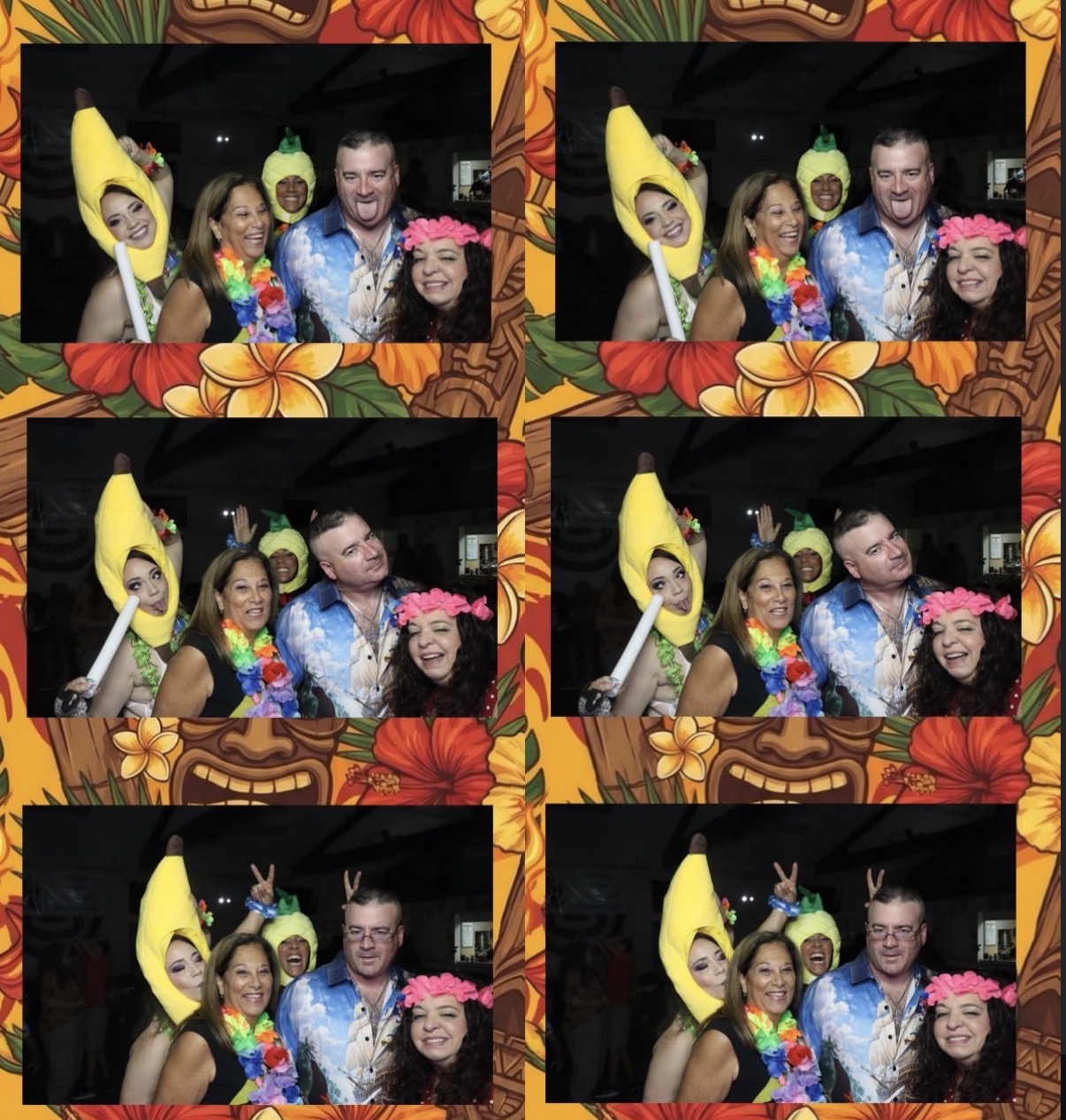 Group of friends holding fun photobooth props